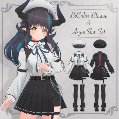 バイカラーブラウス＆アシメスカートセット