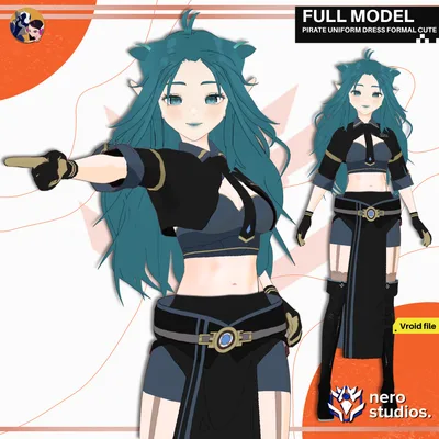 PIRATE UNIFORM DRESS FORMAL CUTE SEXT BOOTS AND STOCKINGS PRESET HAIRSTYLE FIGHTER VAMPIRE ELF FULL OUTFIT (VROID FILE) / 海賊 制服 ドレス かわいい エルフ ヴァンパイア 髪型 ストッキング