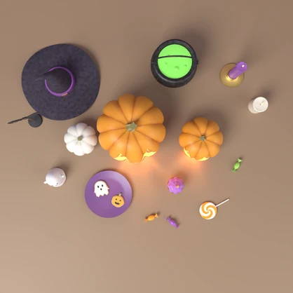 【VRChat想定】ハロウィン小物セット 3Dモデル（ジャック・オ・ランタン・魔女の帽子・大鍋・お菓子など 17点）