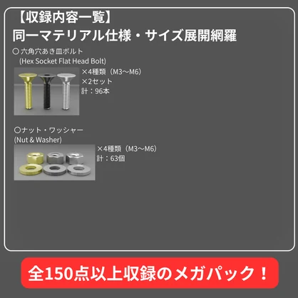 【Unity対応/マテリアル設定済み 3色】六角皿ボルト・ナット総合パック M3-M6（座金同梱） / [Low-Poly]Socket Countersunk Bolt & Nut complete Pack (Unitypackage/FBX)