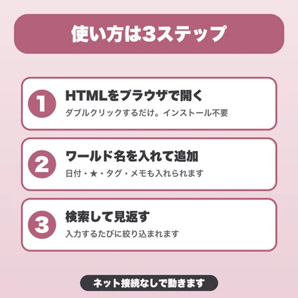 VRChatワールド訪問記録｜件数無制限・★とタグで絞り込み・複数の記録帳・JSON保存【無料版あり】