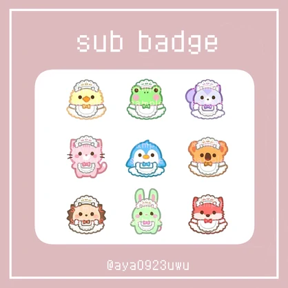 【配信サブスクバッジ】ふわふわ動物メイドちゃんサブバッジ9種セット｜twitch・youtube｜Badges