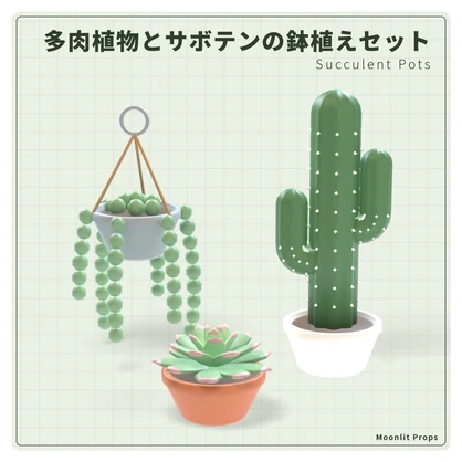 多肉植物とサボテンの鉢植えセット｜エケベリア・柱サボテン・グリーンネックレス 3Dモデル10種・3色｜VRChat ワールド向け インテリア