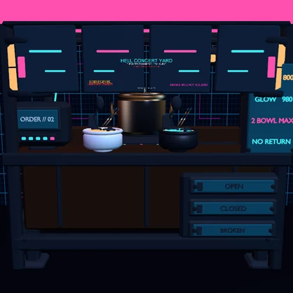 電脳屋台「二杯亭」【Quest対応 / VRChat・ゲーム・配信背景】— サイバーパンク和風ラーメン屋台素材
