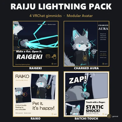Raiju Lightning Pack – 4 VRChat Gimmicks: Raigeki, Charged Aura, Raiko, Batchi Touch [Modular Avatar]