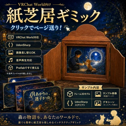 【VRCギミック】紙芝居フレームセット｜クリックでページ送りできるVRChatワールド用アセット