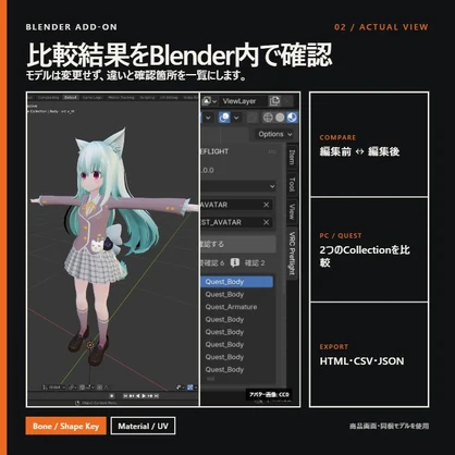 【無料見本あり／Blender】VRChatアバターの変更前・PC/Quest差分を確認｜VRC BLENDER PREFLIGHT