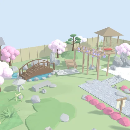 日本庭園70点セット｜VRChat向け和風ローポリ 池泉・枯山水・灯籠・四季の植栽（低ポリ/テクスチャ不要）