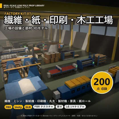 【3D素材】工場キット07 繊維・紙・印刷・木工工場 200点｜織機・ミシン・製紙機・印刷機・製材機【FBX・Unity・GLB / PBR】
