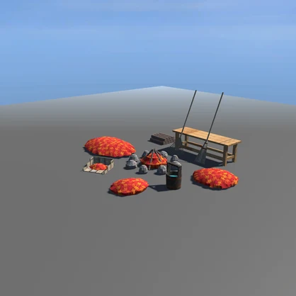 【VRChat想定】落ち葉焚きの庭｜石囲いの焚き火・竹箒・熊手・縁台・手桶【unitypackage / FBX・OBJ】