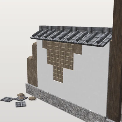 【VRChat想定】荒れ寺の山門と崩れ土塀｜瓦の抜けた棟門・外れかけた扉・傾いた扁額・竹小舞の見える土塀・蔦紅葉｜和風ホラー・廃寺【unitypackage / FBX・OBJ】