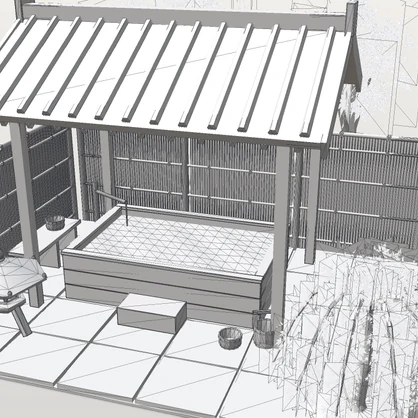 【VRChat想定】紅葉の貸切露天風呂｜檜の湯舟・瓦の湯屋根・建仁寺垣と枝折戸・枝垂れ紅葉・雪見灯籠｜配置済みの情景セット【unitypackage / FBX・OBJ】