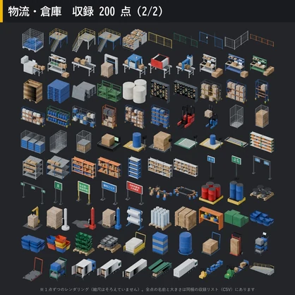 【3D素材】工場キット08 物流・倉庫 200点｜パレットラック・フォークリフト・シャッター・段ボール【FBX・Unity・GLB / PBR】