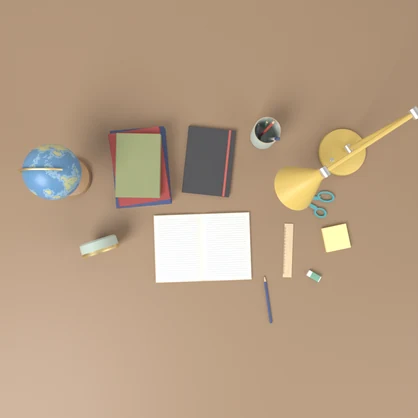 【VRChat想定】デスク・文房具セット 3Dモデル（デスクライト・ノート・本・地球儀・置き時計など 16点）
