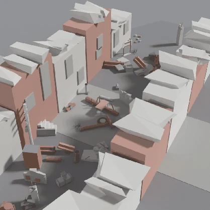 ローポリ3D 全部入りバンドル 151点｜街の建物8・乗り物8・廃墟小物120・ダイス15（glTF / FBX / .blend・テクスチャなし・商用可）