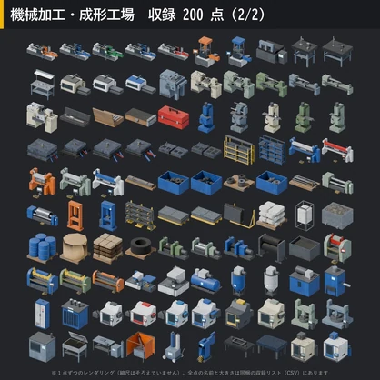 【3D素材】工場キット03 機械加工・成形工場 200点｜旋盤・フライス盤・マシニングセンタ・射出成形機【FBX・Unity・GLB / PBR】