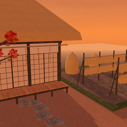【VRChat想定】実りの秋の山里｜茅葺きの農家・稲架掛け・藁塚・柿の木・干し柿・案山子｜配置済みの情景セット【unitypackage / FBX・OBJ】