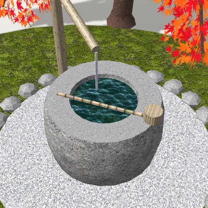 【VRChat想定】枝垂れ紅葉と蹲踞｜水をたたえた手水鉢・竹の筧・役石・織部灯籠・竹の袖垣｜茶庭の一角【unitypackage / FBX・OBJ】