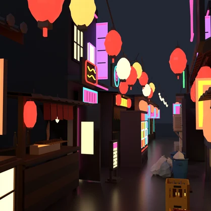 居酒屋横丁・ネオンの夜 ローポリ3Dモデルパック 15点｜発光マテリアル収録