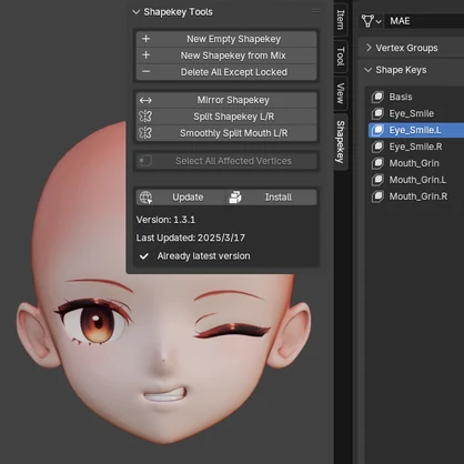 「無料」Blender Shapekey Tools 1.3.1 左右のシェイプキーをワンクリックで分割・結合