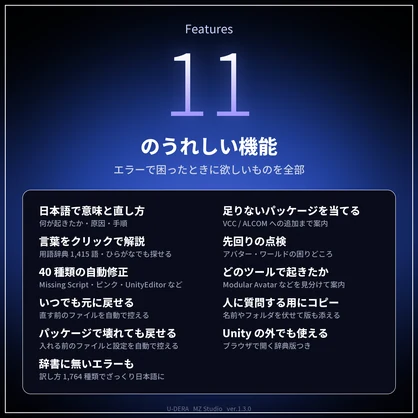 U-DERA（ウデラ）｜Unity エラー解説・自動修正【無料／VRChat アバター・ワールド対応／日本語・オフライン】