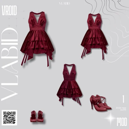 【VRoid正式版】Burgundy Satin Dress|Daily Set VRoid Studio Outfit | Customitem| Edgy Outfit| Chic Set Outfit|Vtuber Outfit | Virtual Fashion| Virtual Youtuber| Monocrome Outfit