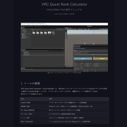 【無料】【VRChat】Quest対応ランク計算機 Unity Editor版 — VRC Quest Rank Calculator (Unity Tool)