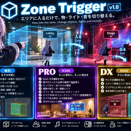 【VRChat】Zone Trigger - エリアに入るだけで物・ライト・音を切り替える エリア判定ギミック【Basic無料 / Pro / DX】