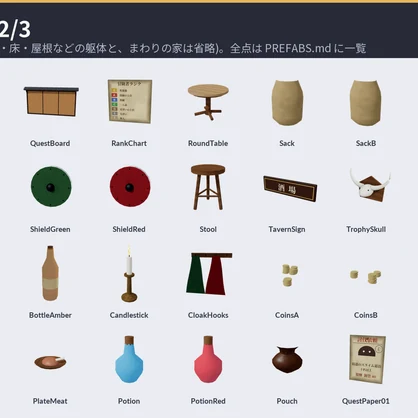 冒険者ギルド3Dアセットパック｜依頼掲示板・受付・酒場・暖炉・宵の口の広場｜手に取れる依頼書・呼び鈴・座れる椅子【プレハブ144点】